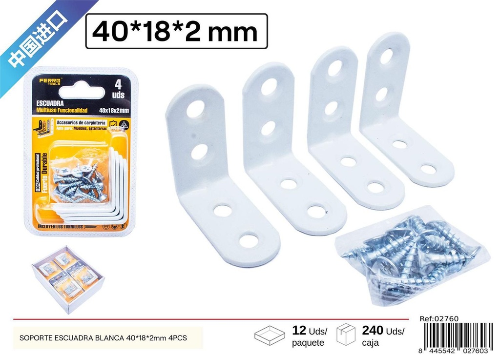  Soporte escuadra blanca 40*18*2 mm 4 pcs - Accesorios de ferretería
