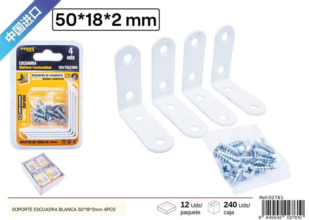 SOPORTE ESCUADRA BLANCA 50x18x2mm 4pcs - Herramientas de ferretería