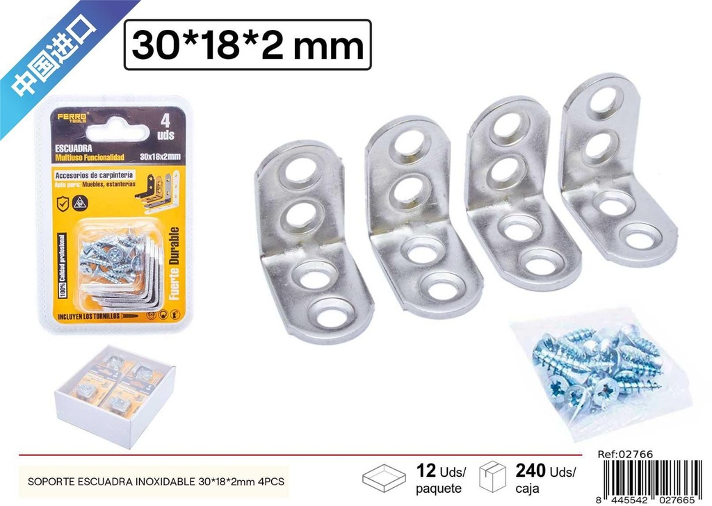 Soporte escuadra inoxidable 30x18x2 mm 4 piezas - Soportes y estructurales