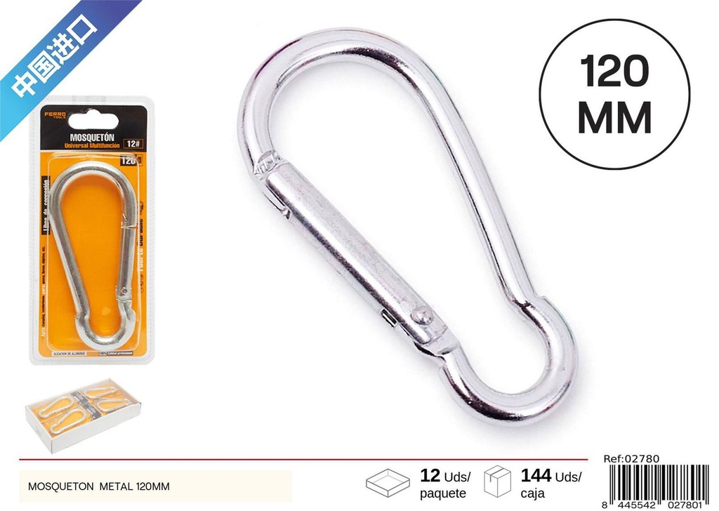 Mosquetón metálico galvanizado 120mm para escalada y senderismo