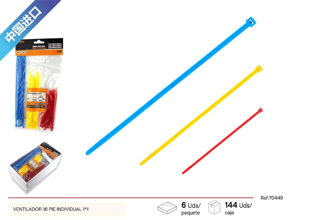 Bridas de color surtido 2.5x100mm 50 uds, 3.6x150mm 30 uds, 3.6x200mm 20 uds para fijación