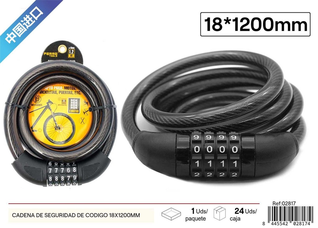 Cadena de seguridad con código 18x1200mm para bicicletas