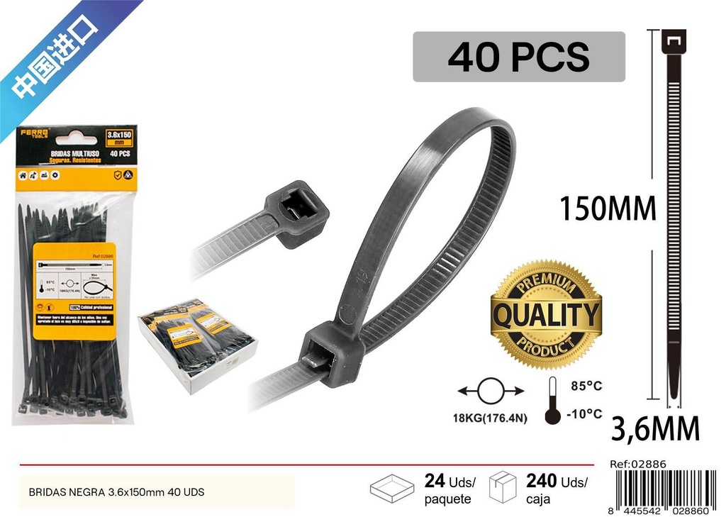 Bridas negras 3.6x150mm 40 uds - Ferretería y accesorios