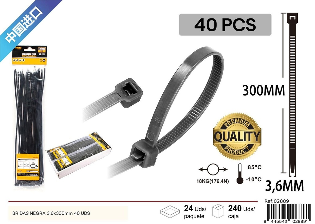 Bridas Negras 40Pcs 3.6 x 300mm - Accesorios de Ferretería