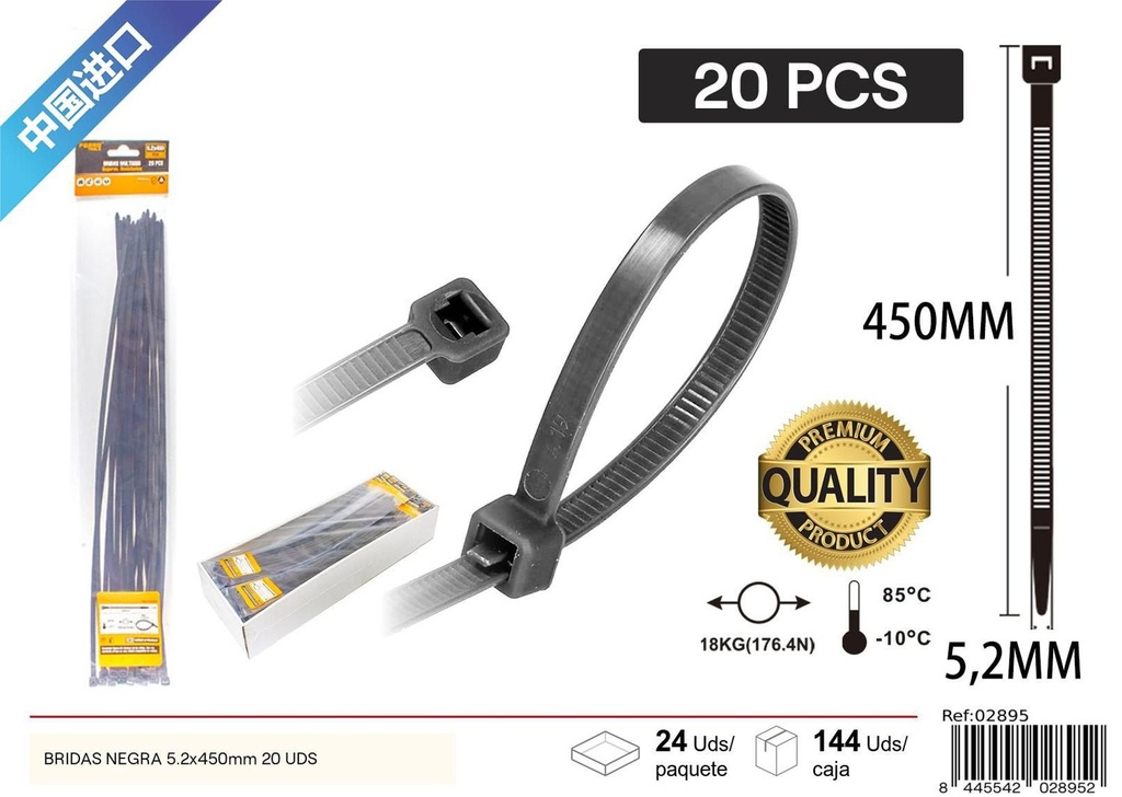 Bridas de nylon negra 20 pcs 5.2*450 mm - Accesorios ferretería
