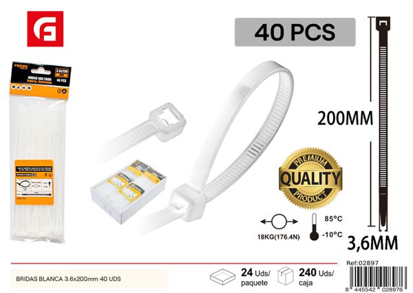 Bridas blancas 3.6x200mm 40 uds para sujeción y organización de cables