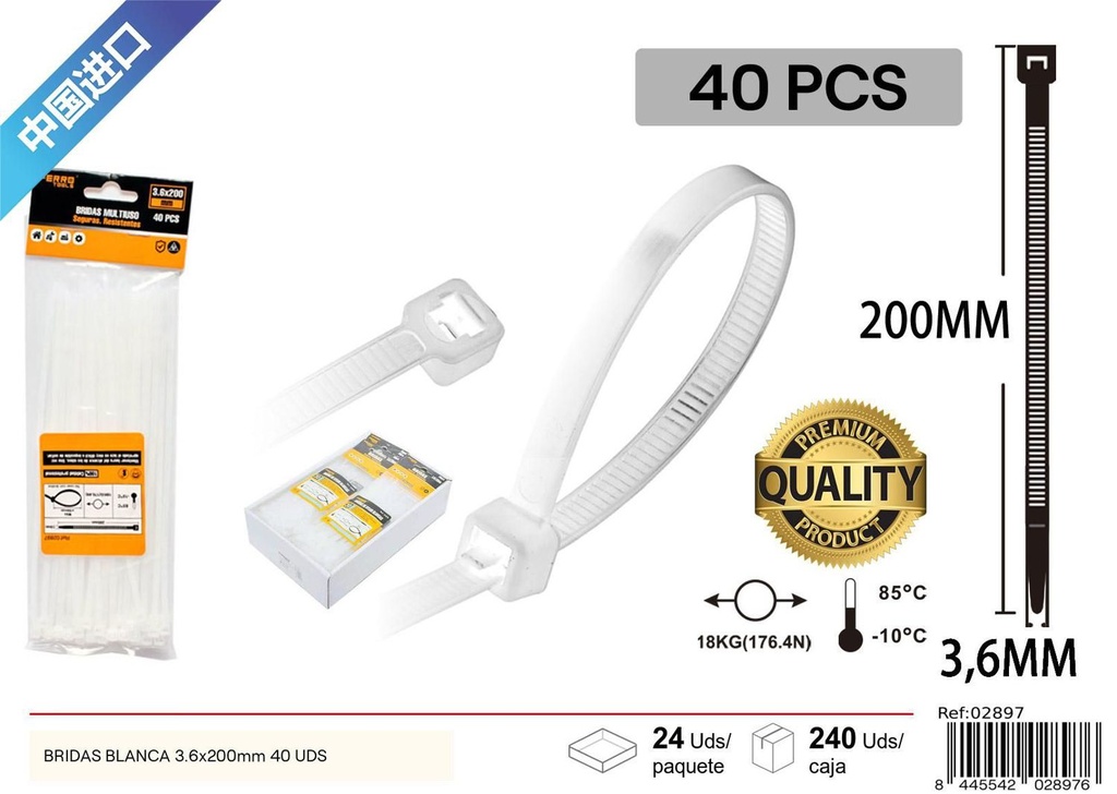 Bridas blancas 3.6x200mm 40 uds para sujeción y organización de cables