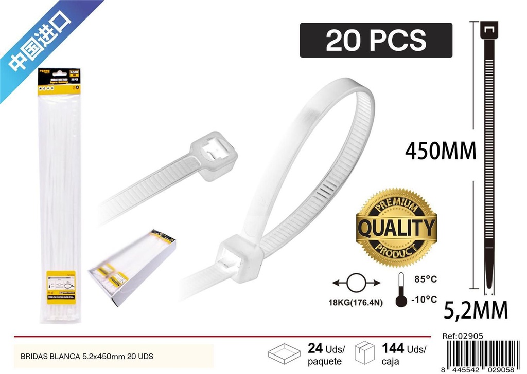 Bridas blancas 5.2 x 450 mm 20 unidades - Accesorios de ferretería