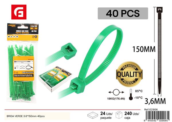 Brida verde 3.6*150mm 40pcs para sujetar cables