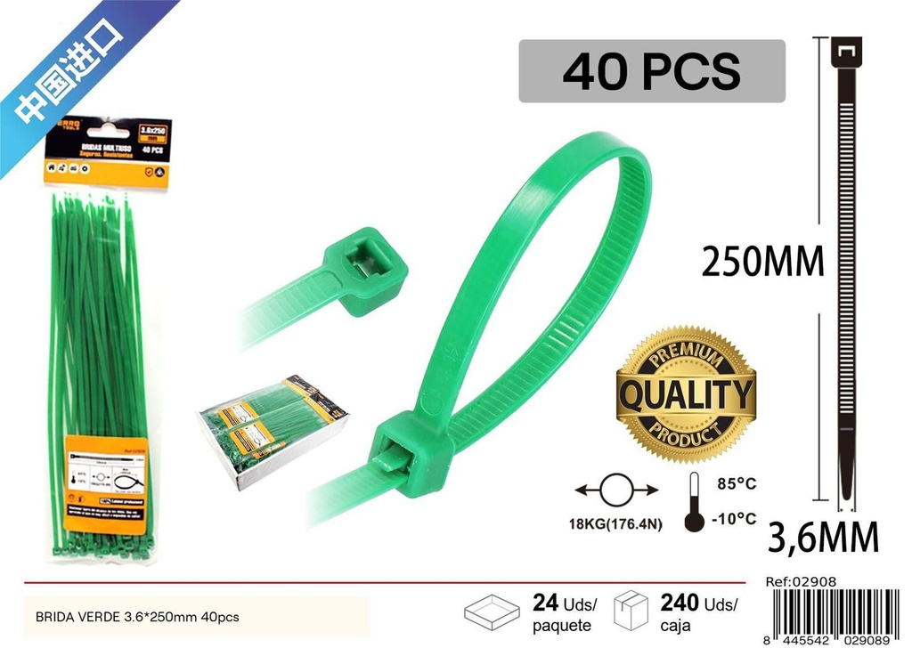 Brida de nylon verde (set de 40) 3.6*250 mm - Accesorios de ferretería