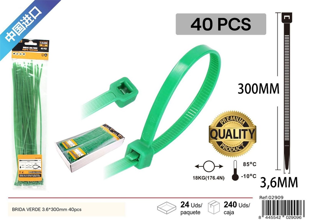 Brida verde 3.6*300mm 40pcs - Accesorios de ferretería