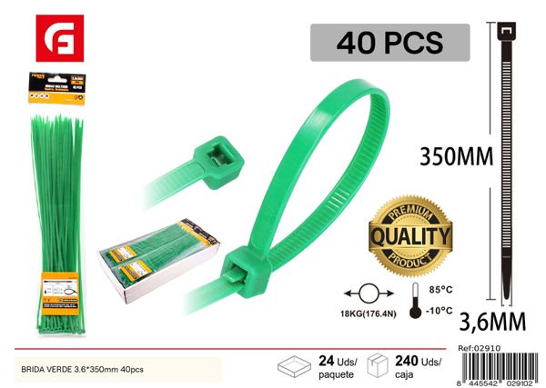 Brida verde de nylon 3.6*350mm 40pcs para sujeción y organización