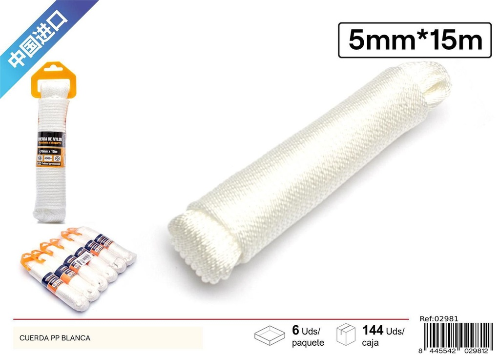 Cuerda de PP blanca 5mm x 15m para bricolaje