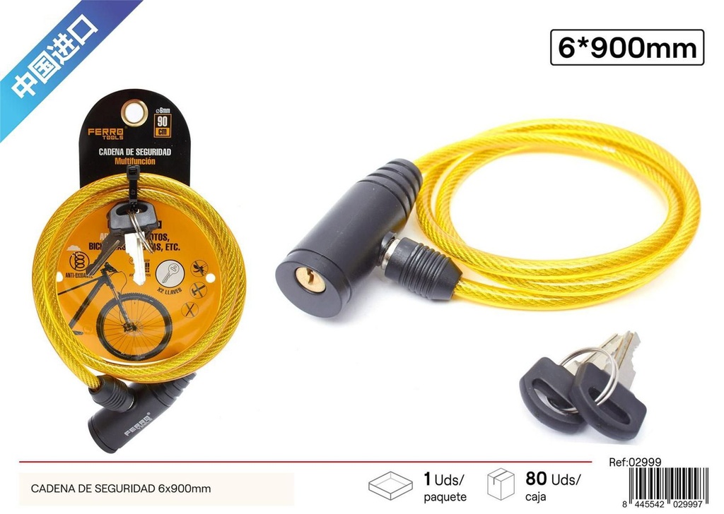 Cadena de seguridad para bicicleta 6x900mm en varios colores para protección