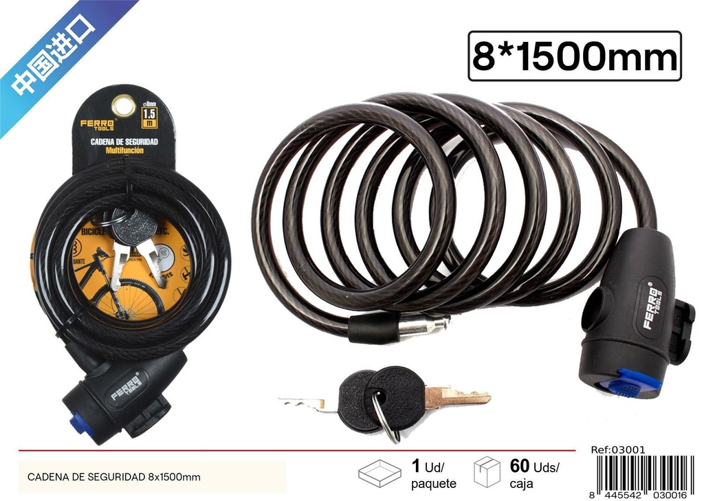 Cadena de seguridad para bicicleta 8x1500mm para protección