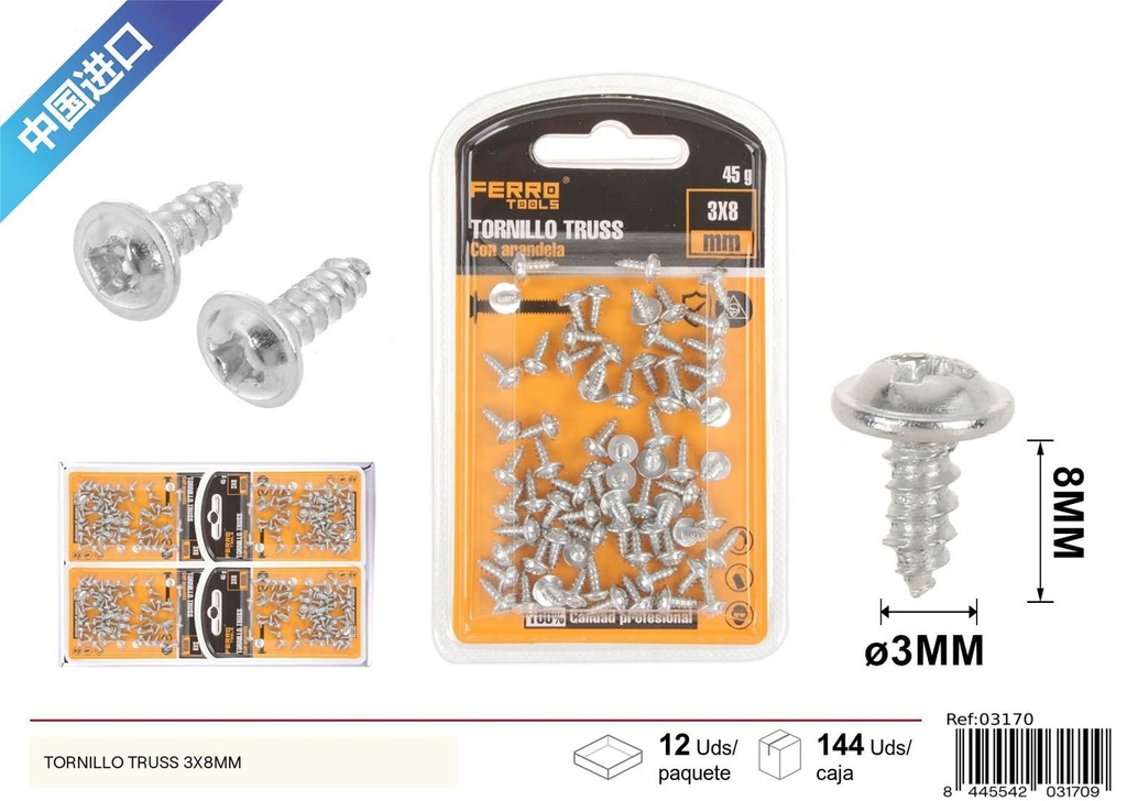 Tornillo Truss autoperforante galvanizado 3x8mm - Accesorios de ferretería