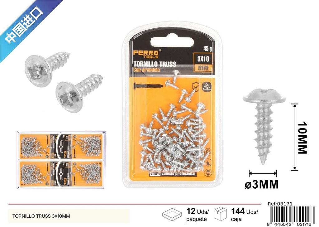 Tornillo Truss autoperforante galvanizado 3x10mm - Accesorios de ferretería