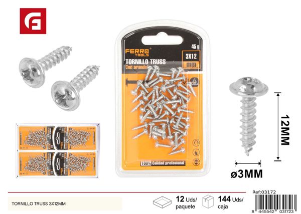 Tornillo Truss 3x12mm para fijación y bricolaje