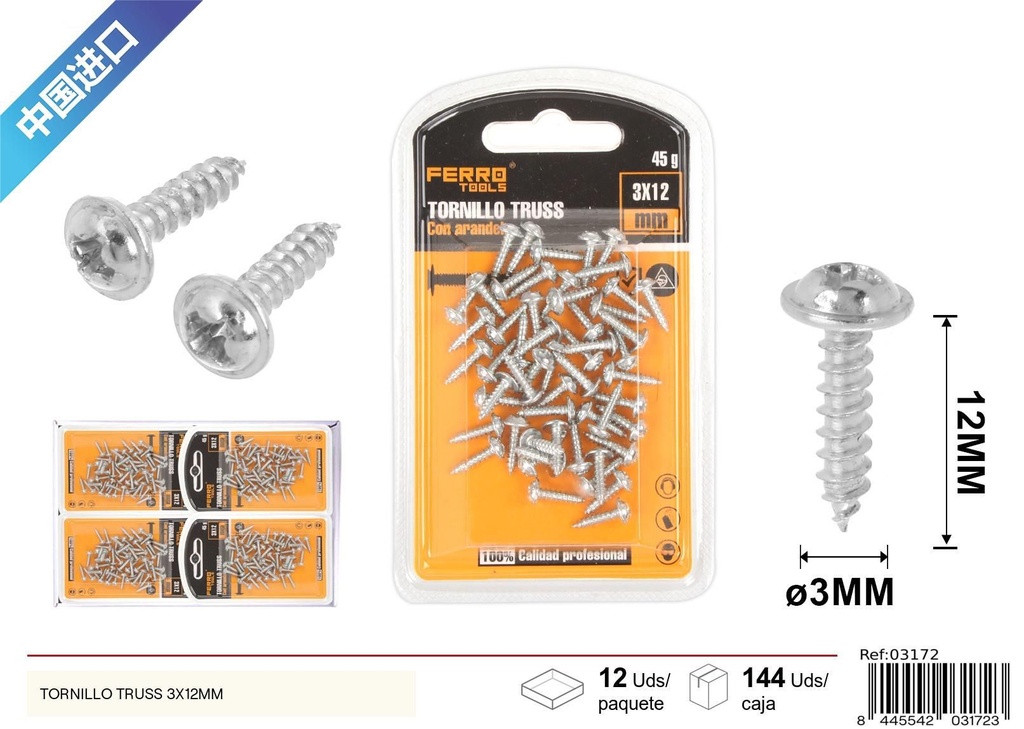 Tornillo Truss autoperforante galvanizado 3x12mm - Accesorios de ferretería