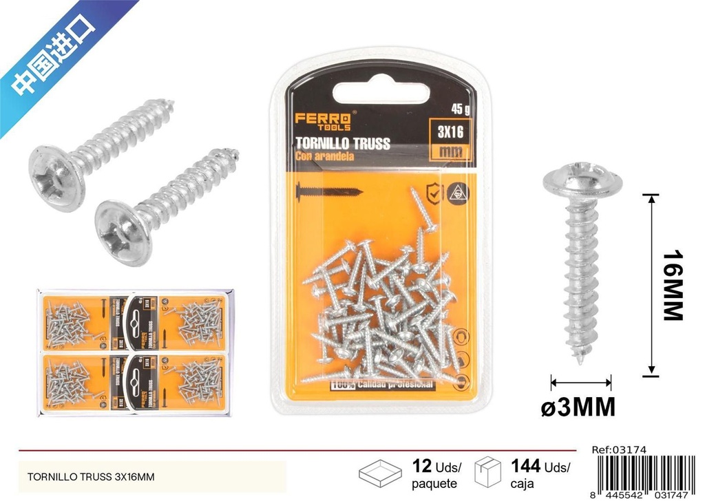 Tornillo Truss autoperforante galvanizado 3x16mm - Accesorios de ferretería