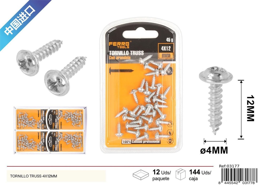 Tornillo Truss autoperforante galvanizado 4x12mm - Accesorios de ferretería