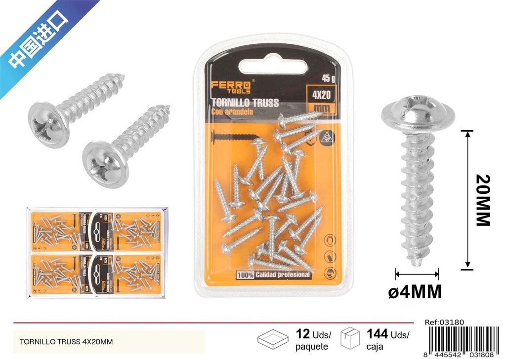 Tornillo Truss autoperforante galvanizado 4x20mm - Accesorios de ferretería