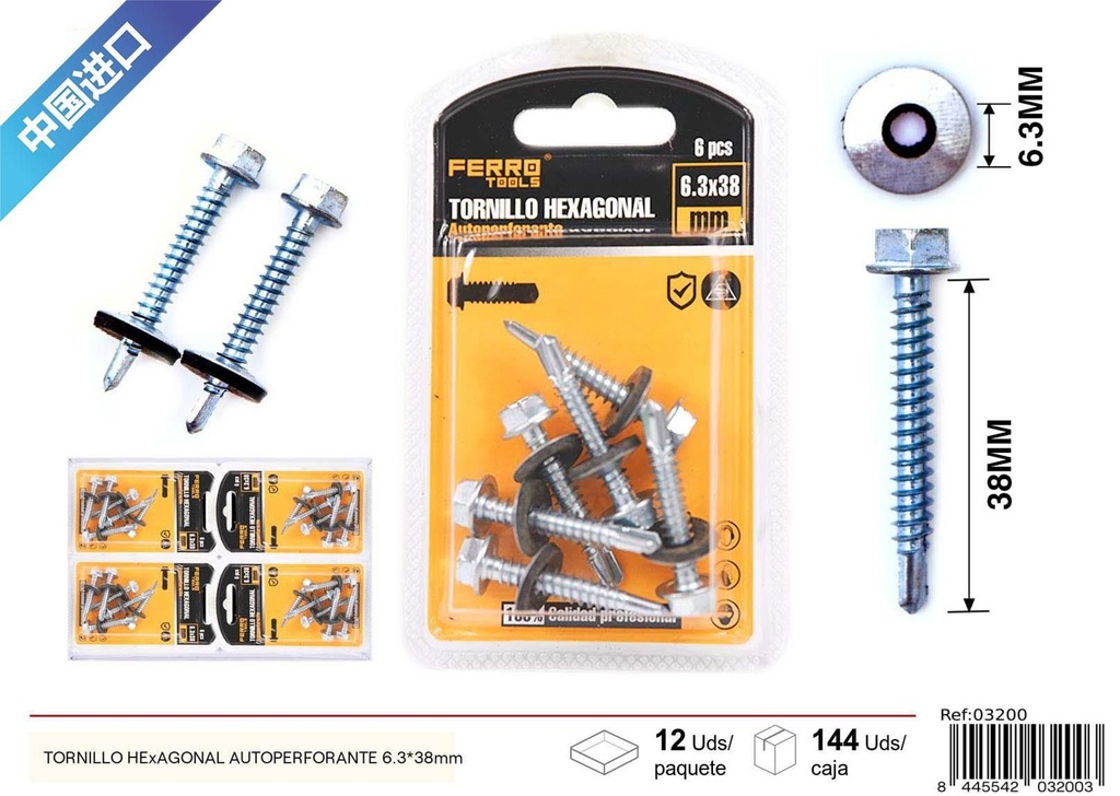 Tornillo hexagonal autoperforante 6.3x38mm - Accesorios de ferretería