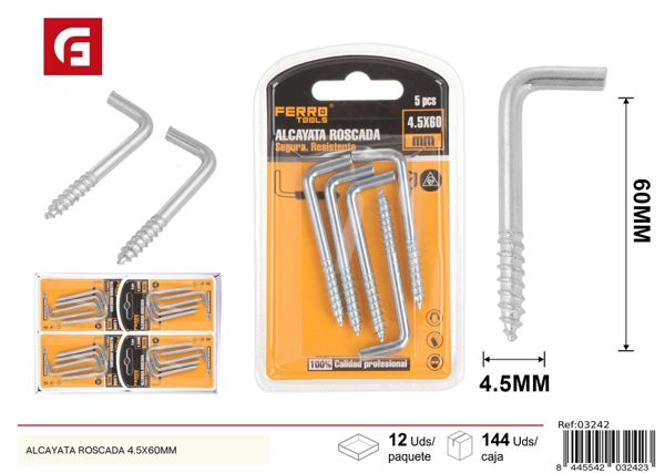 Alcayata roscada 4.5x60mm para sujeción en ferretería