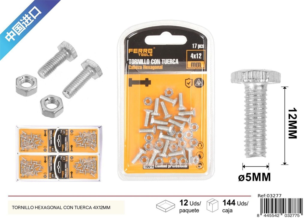 Tornillo hexagonal con tuerca 4x12mm - Accesorios de ferretería