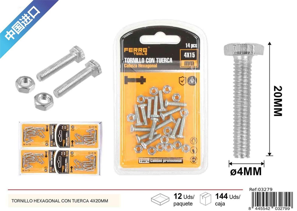Tornillo hexagonal con tuerca 4x20mm - Accesorios de ferretería