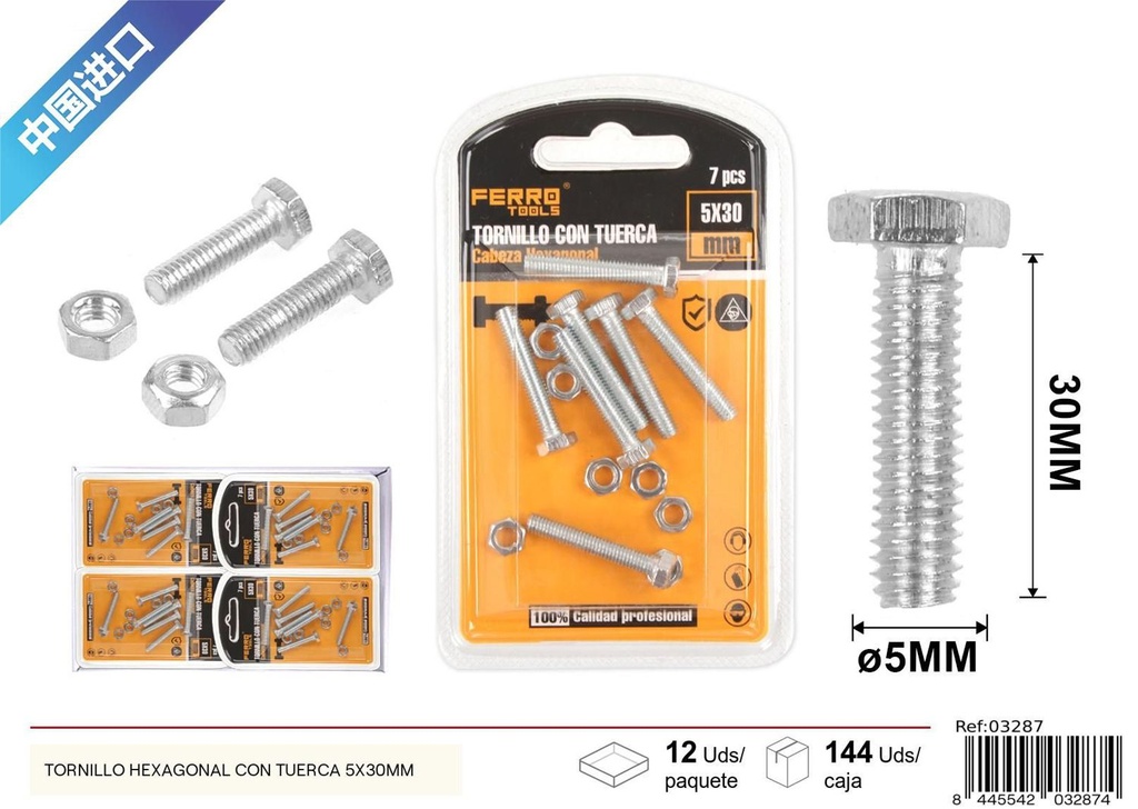 Tornillo hexagonal con tuerca 5x30mm - Accesorios de ferretería