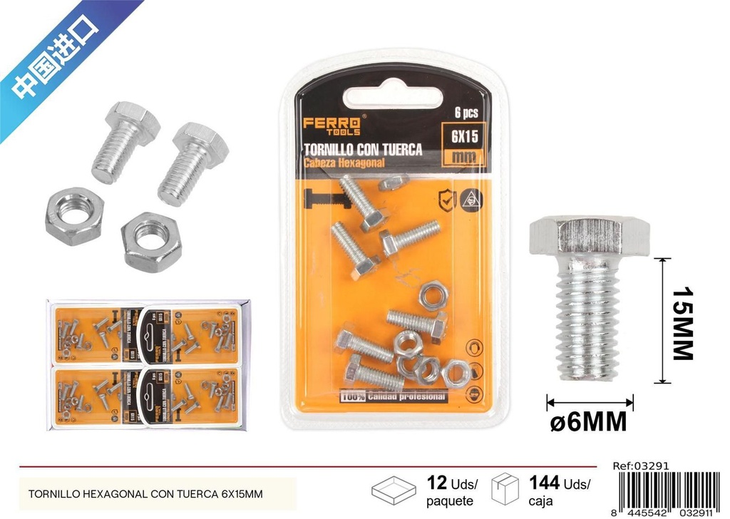 Tornillo hexagonal con tuerca 6x15mm - Accesorios de ferretería
