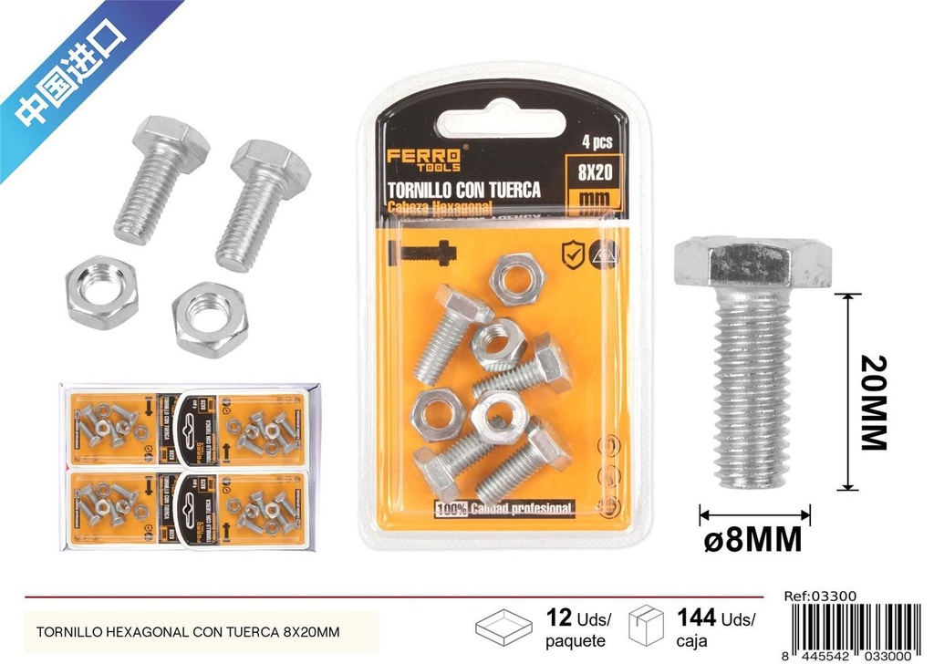 Tornillo hexagonal con tuerca 8x20mm - Accesorios de ferretería