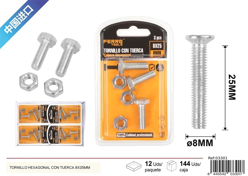 Tornillo hexagonal con tuerca 8x25mm - Accesorios de ferretería
