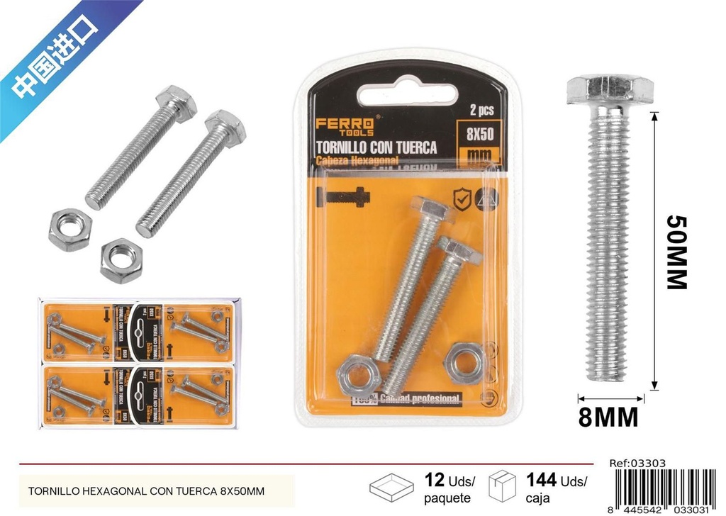 Tornillo hexagonal con tuerca 8x50mm - Accesorios de ferretería