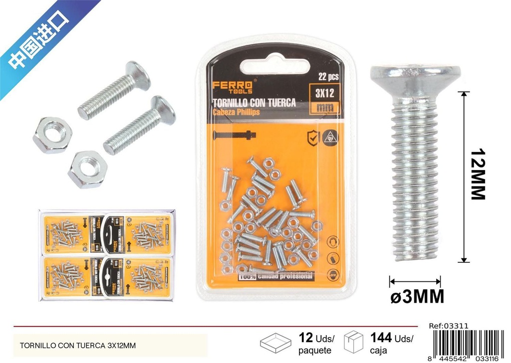 Tornillo con tuerca 3x12mm - Accesorios de ferretería