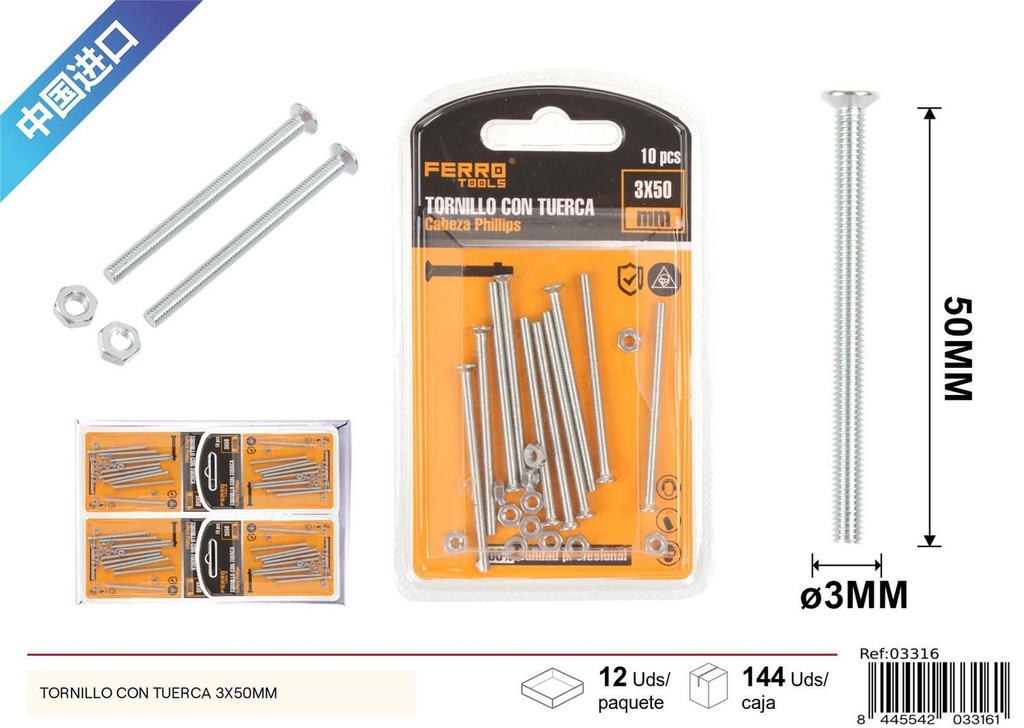 Tornillo con tuerca 3x50mm - Accesorios de ferretería
