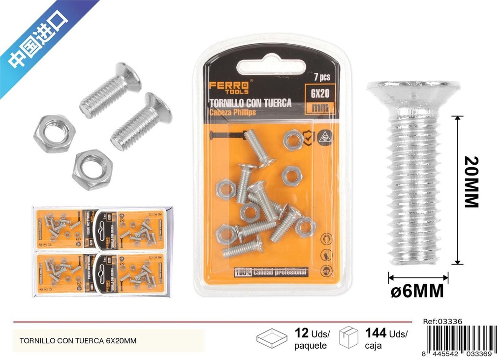 Tornillo con tuerca 6x20mm - Accesorios de ferretería