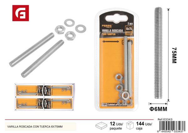 Varilla roscada con tuerca 6x75mm para fijación