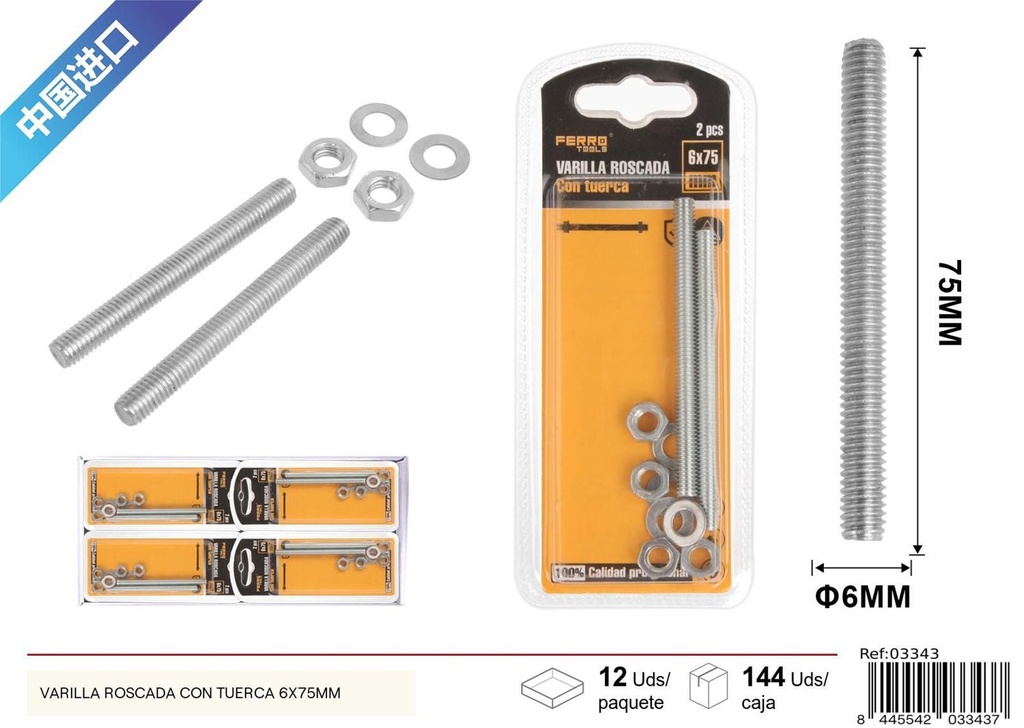 Varilla roscada con tuerca 6x75mm para fijación
