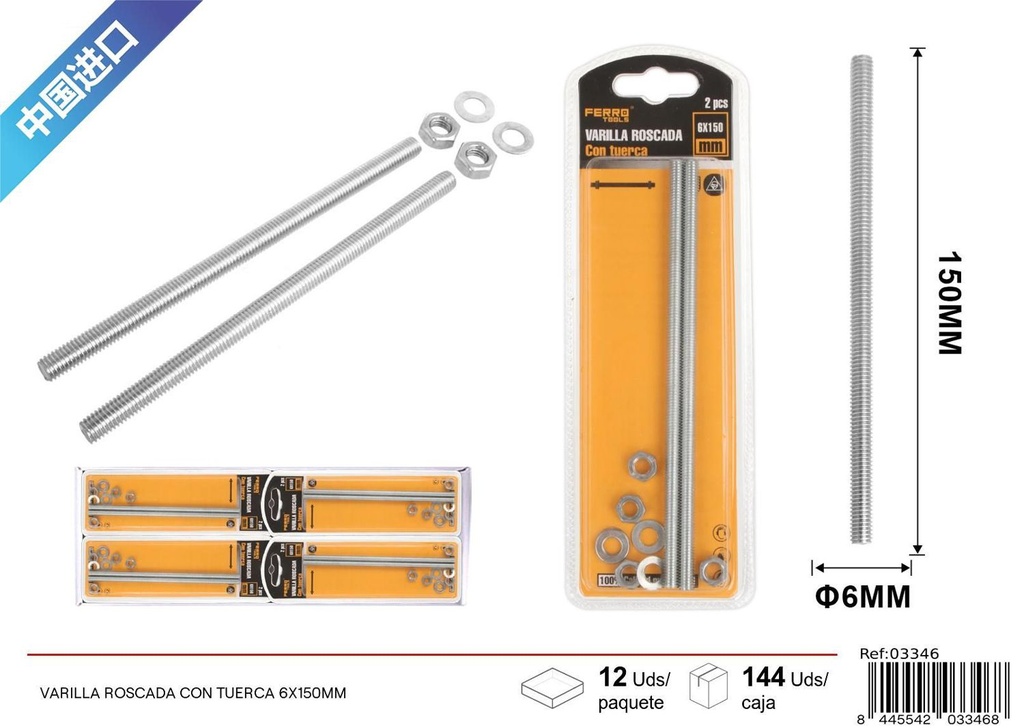 Varilla roscada con tuerca 6x150mm para fijación