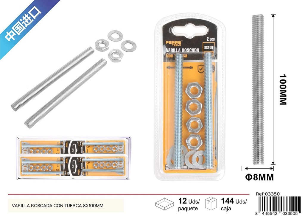 Vara roscada con tuerca de 8x100mm - Accesorios de ferretería