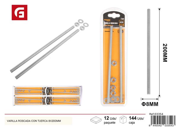 Varilla roscada con tuerca 8x200 mm para fijación