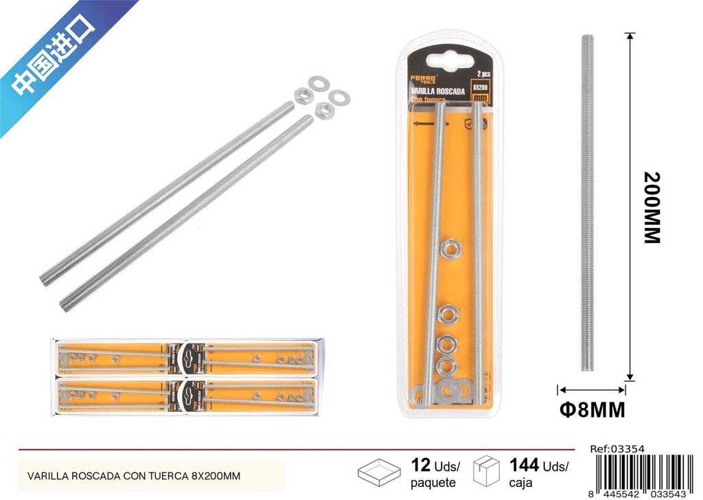 Varilla roscada con tuerca 8x200 mm para fijación