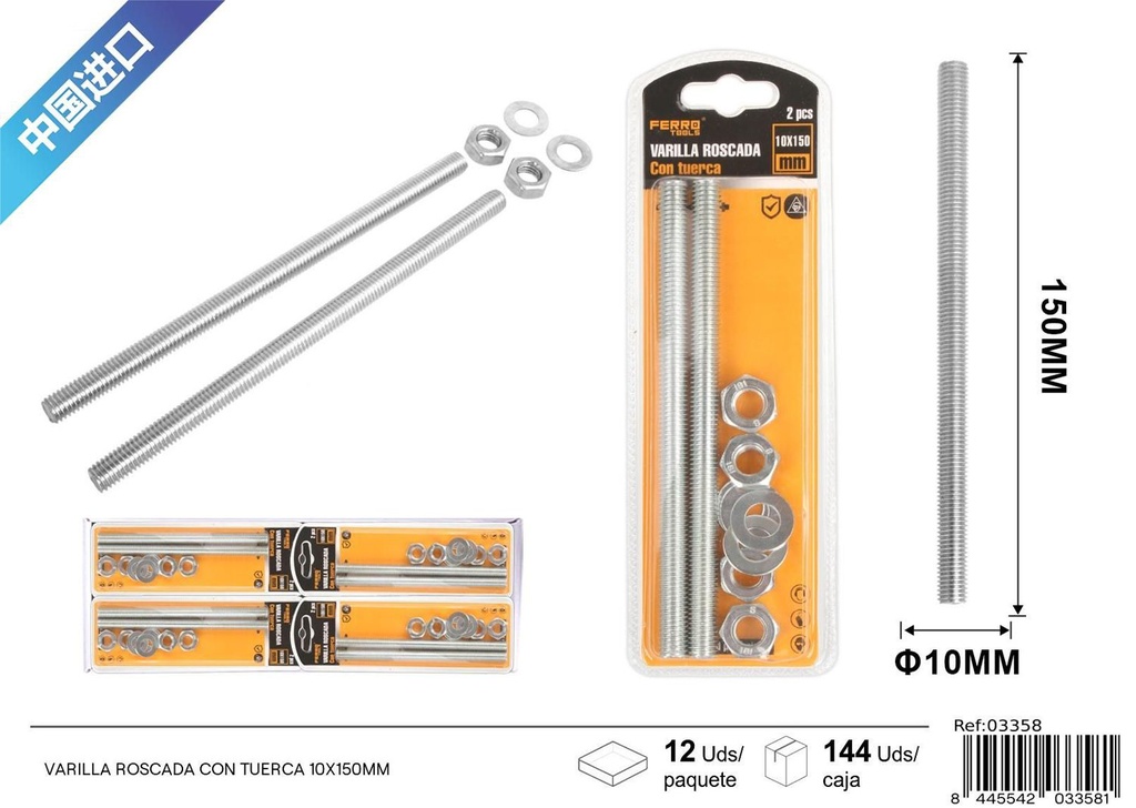 Varilla roscada con tuerca 10x150mm para sujeción y fijación