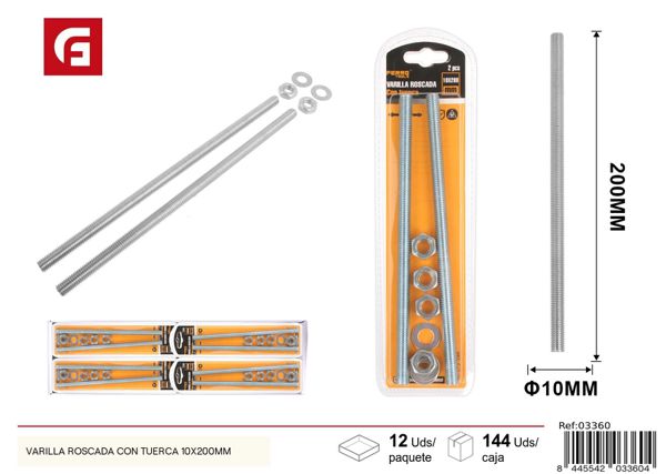 Varilla roscada con tuerca 10x200mm para fijaciones