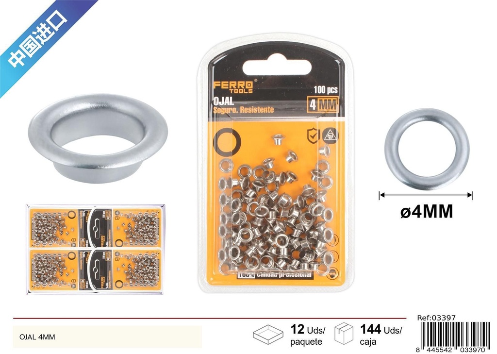 Ojales de metal plateado 4mm - Ferretería y accesorios