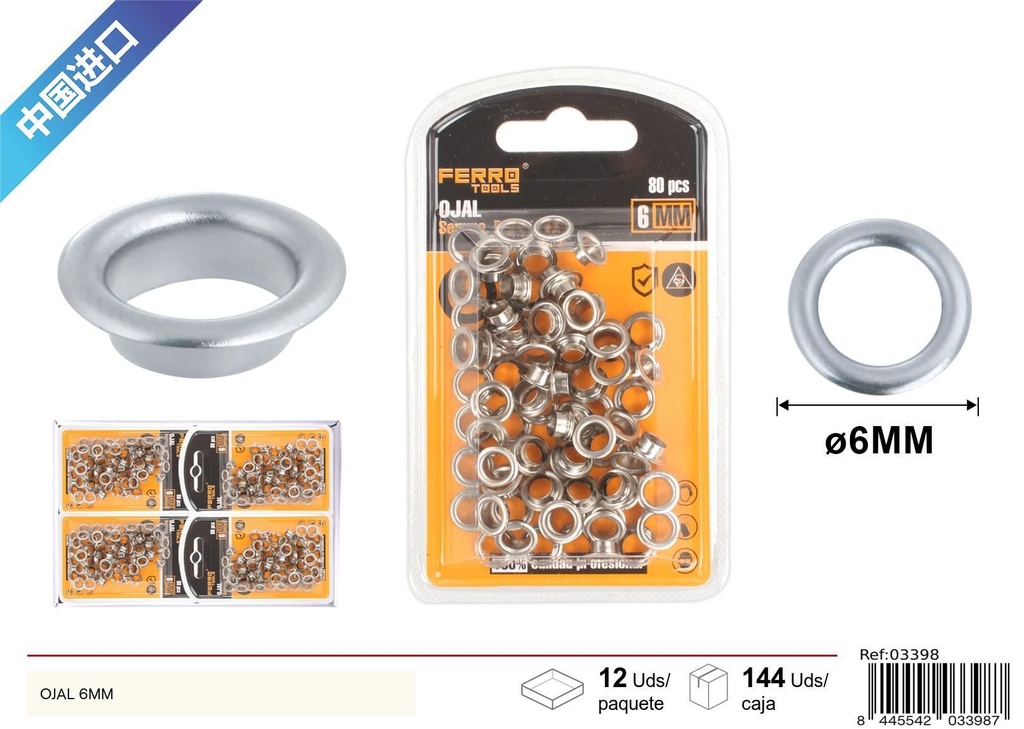 Ojales de metal plateado 6mm - Ferretería y accesorios