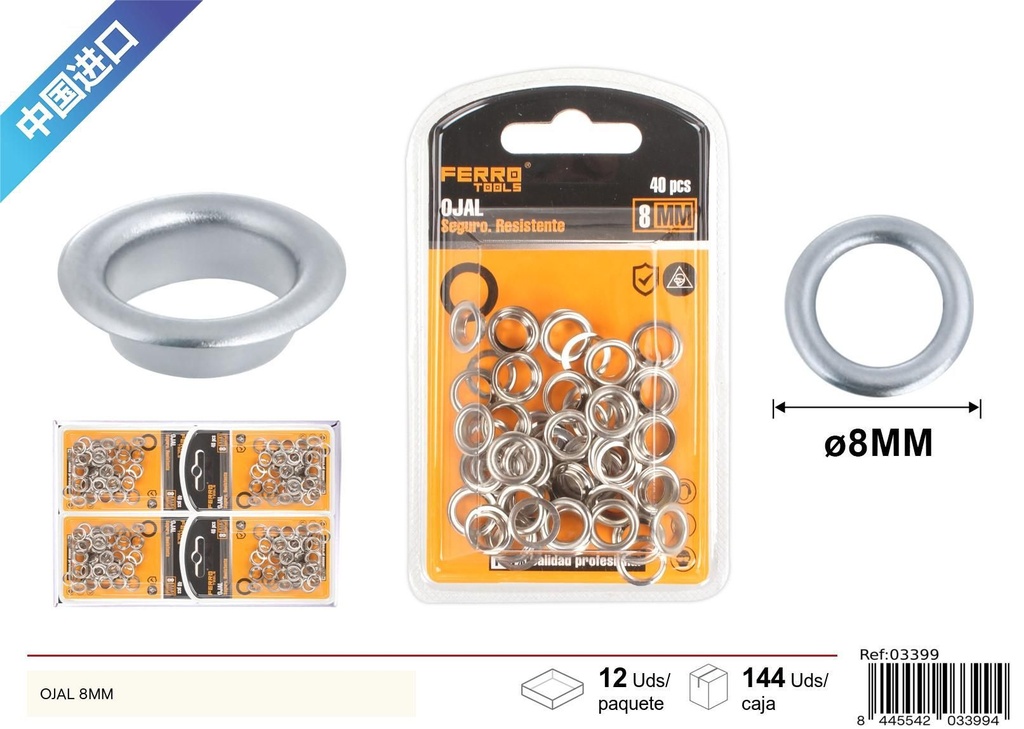 Ojales de metal plateado con cojín 8mm - Ferretería y herramientas