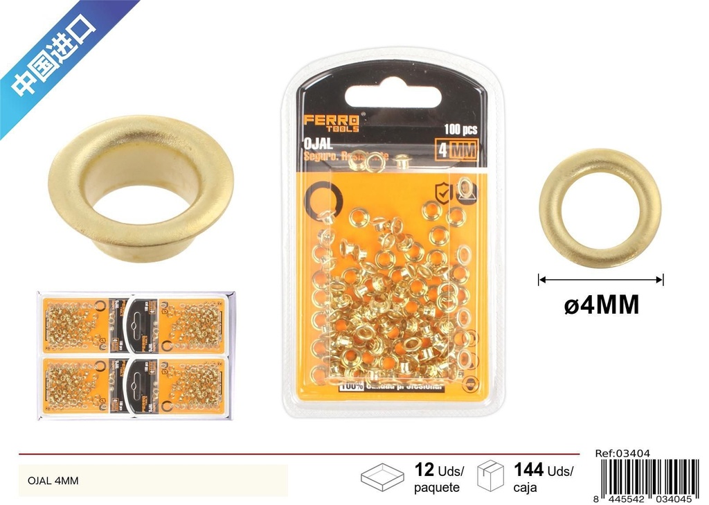 Ojales de metal dorado 4mm - Ferretería y accesorios